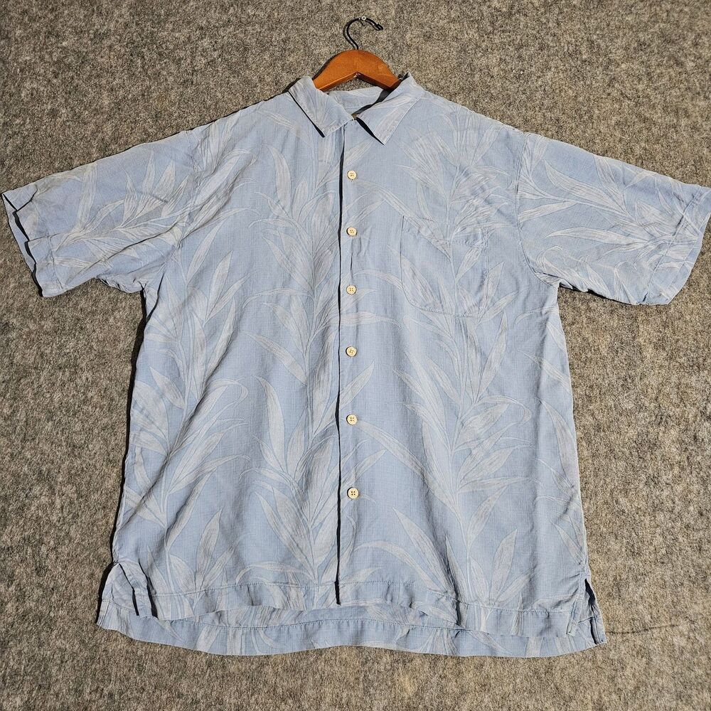 Tommy Bahama Shirt Mens Large Blue Silk Hawaiian Leaf Print Button Up Camp